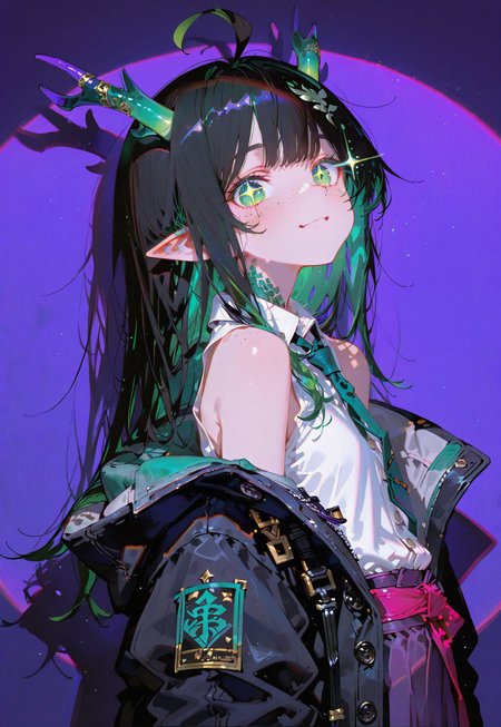 looking at viewer,bust shot,face focus

Side view,smile

1 girl,petite,loose unruly messy hair,messy bangs,black hair,green accents hair,fair skin,dragon horns,green eyes,(sparkling eyes:1.1),freckles,ahoge,pointy ear

Large Black coat with green accent,coat hanging sleeves,white sleeveless buttoned shirt tucked in,green tie, exposed shoulder,dark purple skirt,

Color background, bright purple background,(shadow:1.2), front lighting,glimmer, [scales design], sparkling,(anagylph refraction:1.5),(front spotlight:1.2),(purple hue:0.8),(colors green glow:1.4)

Cunnystyle,748cmstyle,Smooth_Quality,masterpiece,best quality,amazing quality, aesthetic,(vibrant colors:1.6),(bold lines:1.3),(saturated:1.5),dynamic pose, foreshortening, extreme perspective