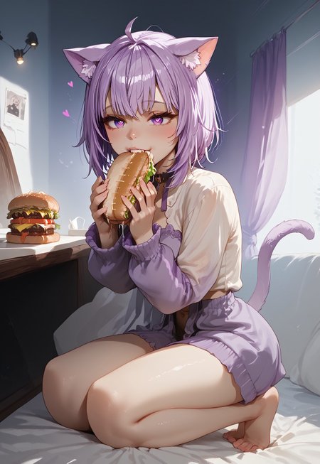 score_9, score_8_up, score_7_up, c3l3st3n01r, CelesteNoir, source_anime, zPDXL3, 1girl, solo, ((wide open bite, heart eyes:1.3), eating a sandwich, hololive), okayuBase, short hair, purple eyes, purple hair, cat ears, cat tail, ahoge, barefoot, soft lights, soft shadows, shiny skin, Expressiveh