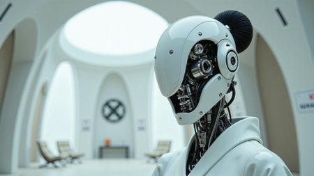<lora:ck-Neurocore-Realistic-Cyborgs:1.0>, in the style of ck-ncr, happy woman Geisha is an android, the white plastic cyborg mask is open, the silver mechanical parts of the robot are visible inside, head tilt, (from the epic movie Ghost in Armor:0.6), perfect focus, depth of field the view from afar, background is an indoor dystopian futuristic white fractured shaped japanese tea house with a sign that reads:("NO HUMANS ALLOWED")