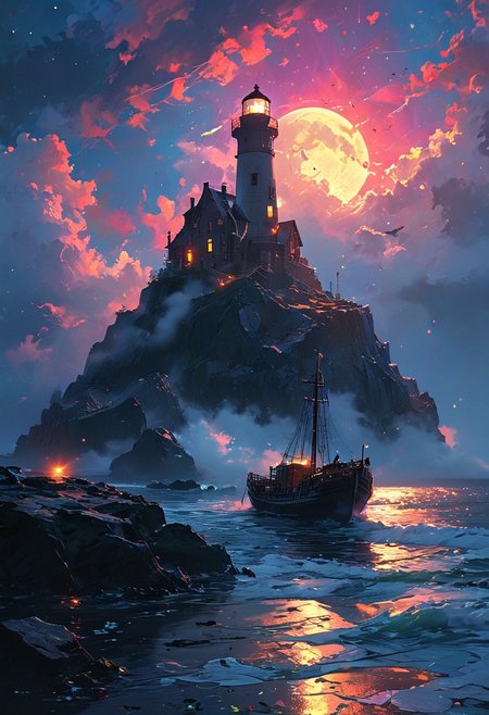 Under the eerie glow of a full moon, a dark and ominous landscape unfolds. A vibrant, colorful ship stands by the edge of a serene ocean, its vivid hues contrasting starkly with the foreboding atmosphere. In the background, a lighthouse stands atop jagged rocks, its light cutting through the darkness and reflecting off the ocean's surface, glistening in the moonlight. Thick, swirling clouds loom overhead, adding to the sense of an evil presence. The moonlight filters through the clouds, casting an otherworldly glow over the scene. A falling star streaks across the sky, adding a touch of mysticism to the night. The air is thick with a sense of ancient secrets and dark magic, as if the very night is alive with hidden power.  [romantic impressionism,dream scenery art,beautiful oil matte painting,romantic,style of thomas kinkade,beautiful digital painting,anime landscape,romantic painting,dreamlike digital painting,colorful painting,beautiful gorgeous digital art,style of greg rutkowski,janek sedlar,jenny saville:0]  <lora:vivid_everclear:0.6>  <lora:Sinozick:1>  <lora:MJ52:0.75>