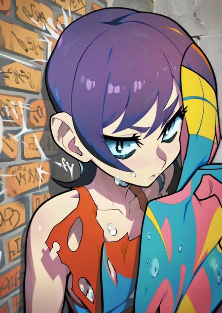 (by hata) anime flat color, 
1girl   sad cry upper body, torn clothes graffiti brick wall best quality, masterpiece,