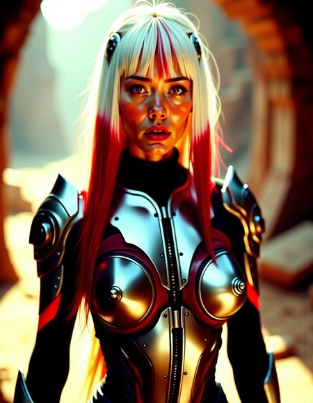 great lighting, intricate detail, beautiful, stunning space marine, two-tone hair, long white hair with red streaks, bangs, skin-tight metallic body armor with dark red accents, in alien city ruins, High Detail, Perfect Composition, movie scenes, highly detailed. Photorealistic rendering, dramatic lighting, sharp contrast, flat chest
