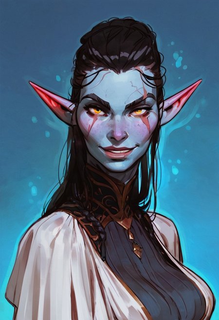 score_9, score_8_up, score_7_up, 1girl, female, elf, blue skin, visible veins, busty, eyebrow scar, sheer blouse, saggy boobs, mage robes, black hair, glowing drops in the face, fangs, smile lines, in a wizards tower, half body Portrait, focus from Front, close up, looking at viewer, arched back