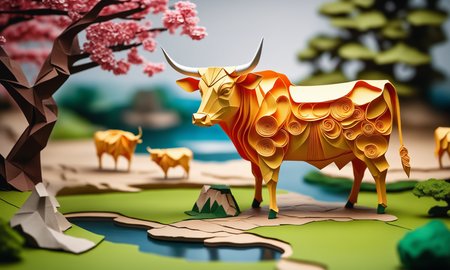 origami style <lora:papercarvingcd_xl-000005:0.6>,a handmade sculpture of a ox made of papercarvingcd_xl in office scene,full body,scenery,tree,river,stone,lawn,miniature,tilt-shift,indoors,chinese zodiac,wooden table,cutie,cute,still life,animal statue,front view,facing viewer,looking at viewer,8K,HDR,UHD,masterpiece,best quality,highly detailed,high resolution,finely detail,extremely detailed,ultra detailed,wallpaper . paper art, pleated paper, folded, origami art, pleats, cut and fold, centered composition
