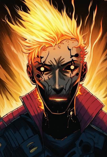 score_9, score_8_up, score_7_up, score_6_up, watercolor painting, 1boy, his head is a burning robot skull, flaming inferno, leather jacket with spikes, raging look on face, eye contact, expressive,muted color, automaton, joints, colored skin, metal skin, shiny skin, complex background, outside, night, glowing background black linework, ruins
<lora:ArmorPunkV4:0.25>,arm0rpunkv4,cable,mechanical parts,<lora:CyberWare:0.25>,cyb3rwar3,cyberware,cybernetic lines,exposed mechanics,<lora:Mechanism-pdxl-1:0.25>,mcnm,<lora:MSMLN:0.7>,msmln,
<lora:ArmorPunkV4:0.25>,arm0rpunkv4,cable,mechanical parts,<lora:CyberWare:0.25>,cyb3rwar3,cyberware,cybernetic lines,exposed mechanics,<lora:Mechanism-pdxl-1:0.25>,mcnm,<lora:MSMLN:0.7>,msmln,