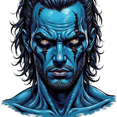 babel-pencil,A spectral figure with rich, deep blue skin, every pore and crease vivid against a stark, blinding white background, stares forward with intensity, his expression a mix of sorrow and silent fury. His eyes are an intense silver, reflecting like mirrors and capturing every flicker of light, set deeply under a prominent brow. Fine cracks run across his cheeks, glowing faintly with a golden hue, and his hair falls in inky, slick strands, sharp and defined against the background. His lips are painted black, matching the twin jet-black lines drawn vertically over each eye, adding a ceremonial air to his expression, as if he is part of some unholy rite. The contrast between the vivid red of his skin and the stark white background makes every detail of his face almost painfully clear, creating an unforgettable, powerful image., in style of comic book,,