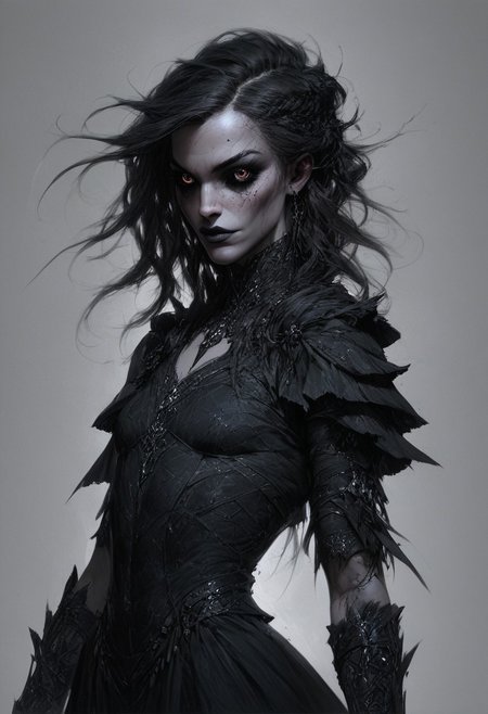 score_9, score_8_up, score_7_up, score_6_up, beautiful female, concept art, realistic,
Illustration of a cute goth girl, long black neckholder dress with deep neckline, small breasts, (freckles:0.0) strong face, fantasy, detailed eyes, dark eyes, 
cowboy shot,