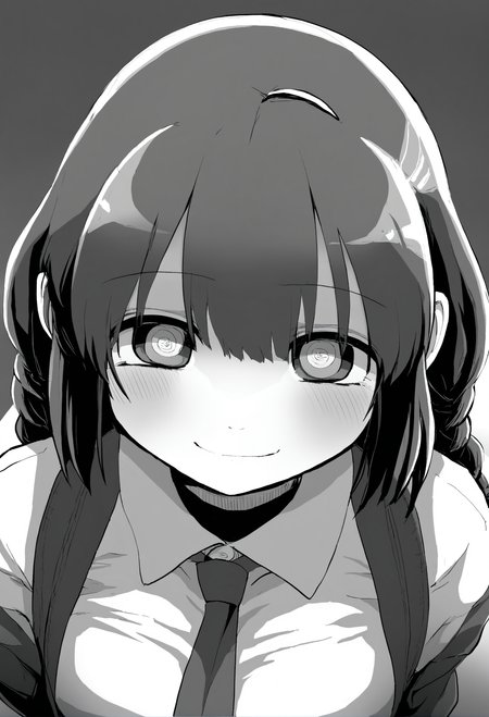 masterpiece, hyper detailed, best quality,(furry:1.3),1girl, makima \(chainsaw man\), greyscale, monochrome, solo, ringed eyes, looking at viewer, braided ponytail, braid, shirt, simple background, bangs, collared shirt, white background, smile, sidelocks, medium hair, light smile, closed mouth  ,<lora:DAGASIXLlokr8f-000188:0.95>