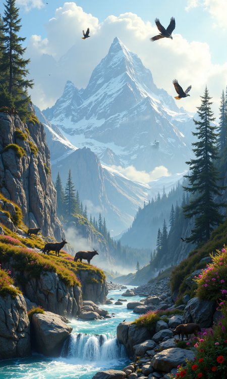 Ethereal mountain mist, majestic golden eagles soaring through wispy clouds, intricate feather details. Rugged alpine peaks, snow-capped summits bathed in soft dawn light. Vibrant wildflowers dotting rocky ledges, delicate petals swaying in gentle breeze. Hidden mountain goats perched on precarious cliffs, sure-footed and watchful. Crystal-clear mountain stream cascading over moss-covered boulders, playful otters frolicking in icy pools. Towering pine trees, bark texture richly detailed, providing sanctuary for chattering squirrels and roosting owls. Distant wolf pack silhouette against pastel sky. Atmospheric depth, layered ridges fading into misty horizon. 8k resolution, hyperrealistic textures, cinematic lighting, award-winning nature photography style. <lora:Hand v2:0.4> <lora:FluxMythR3alisticF:0.8> <lora:It's a LoRA for portraits, BUT! actually specialized in backgrounds. v1.0:0.2> <lora:flux_dev:1>