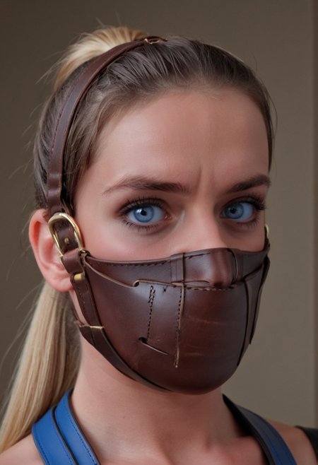 multi-layered brown leather muzzle gag, (thick leather straps and buckles), wearing gag, gagged, g4g, woman, (ponytail), detailed face, looking at viewer, blue eyes