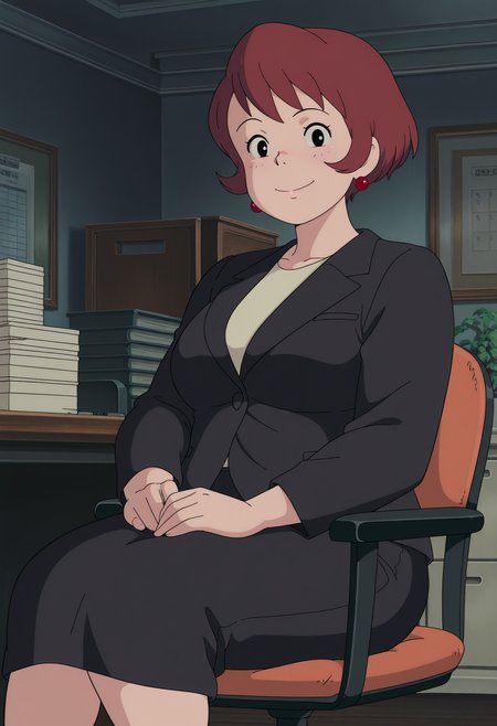 1girl,solo,mm,mature female,short hair,brown hair,black eyes,earrings,anime coloring,
formal, black suit,office lady,black skirt,sitting, on chair,office,looking at viewer, smile,indoors
,masterpiece,best quality,amazing quality,<lora:Osono-Kikis_Delivery_Service_ix:0.8>