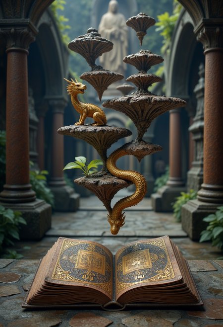 A book bound in stitched-together dragon scales lies untouched at the heart of a gravity-defying temple, its pages eternally turning despite the absence of wind. Suspended islands float above, their surfaces carved with golden runes that rearrange themselves in complex sequences, creating a puzzle that has never been solved. The book’s cover occasionally shifts in texture, mimicking the movement of a breathing creature, as though the knowledge contained within is alive and restless.
   , aidmamjv7, aidmaHyperrealism, aidmaimageupgrader