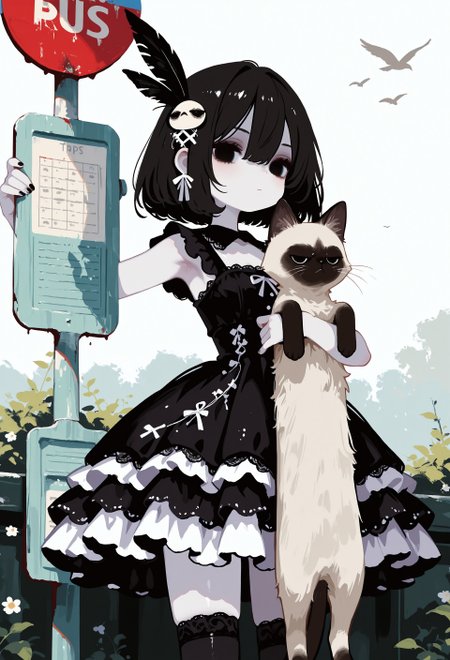 masterpiece,  best quality, good quality, very awa,  very aesthetic, absurdres, newest, painterly,  1girl, solo, black hair, bob cut, hair between eyes, feather hair ornament, black eyes, solid eyes, expressionless, pale skin, goth fashion, frilled dress, square neckline, lace trim, thighhighs, zettai_ryouiki, nail polish, holding cat, armpit_carry, long cat, Siamese cat, grumpy cat, longcat \(meme\), solo, looking at viewer, cowboy shot, outdoors, bus stop, bird, scenery, no lineart, no outline, UjVL, painting \(medium\)