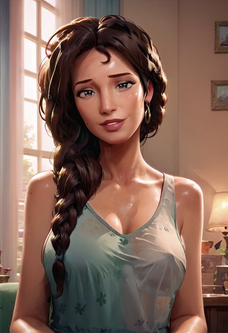 score_9, score_8_up, score_7_up, masterpiece, 1woman, ri0_m0rales, beautiful woman, milf, solo, long hair, beautiful skin, detailed skin, loose extremely thin tank top, extremely beautiful woman, Seductive woman, sensual
