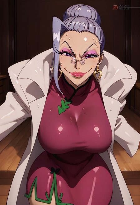 score_9, score_8_up, score_8, anime style, source_anime, 
BREAK, 
solo, beautiful mature female, gilf, voluptuous, curvy, looking at viewer, ultra realistic, masterpiece, high detailed skin, Nightin,mature female,1girl,solo,earrings,glasses,lipstick,makeup,purple eyes,purple hair,large breasts,dress,labcoat,
 sweaty, wet hair, big butt, big ass, dynamic pose, cowboy shot,
indoors, seductive smile, sultry, 
1girl, sagging breast, close-up, sexy pose, , milf, mature female, cleavage,  leaning forward
, pureerosface_v1, Expressiveh, intricate_details_xl,