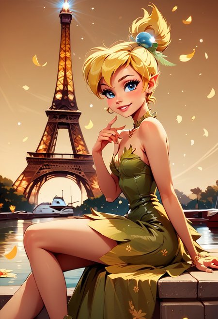 score_9, score_8_up, score_8, medium breasts, (curvy), cute, eyelashes,     
rating safe, 
BREAK,
 zzEiffelTower in background, 1girl, tinkerbell from the movie peter pan , solo, hat, dress, bare shoulders, sitting, dress, watercraft, boat, sitting on wall, side view, looking at viewer, smile, BREAK, blooming stars, luminescent petals, otherworldly fragrance blurry background, 
BREAK,
smile, looking at viewer, 
abstract background, 
zPDXL, Expressiveh