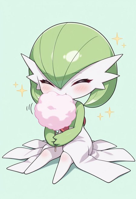 masterpiece, best quality, absurdres, amazing quality, detailed face, detailed skin, detailed eyes, high resolution, official style,  
1girl, ((chibi:1.1)), ((anime chibi style:1.1)), gardevoir \(pokemon\), 
solo, sitting on floor, full body, excited, cute, happy girl, eating cotton candy, holding cotton candy, eyes closed, 
simple light green background, sparkles, 
((no text:1.1)), ((no signature:1.1)),