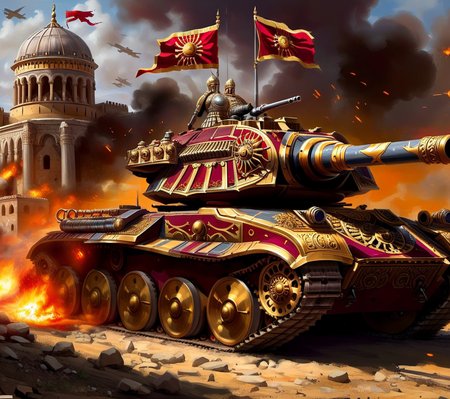 <lora:CulturePunkAI_2:.9>ByzancPunkAI   tank on battlefield  Highly detailed, amazing, Impressive lighting, vibrant colors, Ultra Realistic, High quality, Highly detailed, trending on artstation