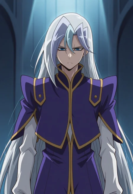 masterpiece,best quality,amazing quality, source_anime, 
chrisArclight, 1boy, male focus, solo, blue eyes, multicolored hair, grey hair, blue hair, long hair, shirt, white shirt, coat, purple coat, short over long sleeves,