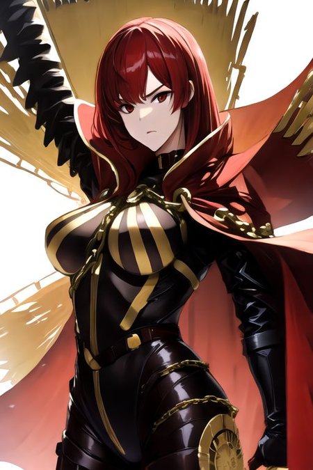 solo_focus, 1girl, (((masterpiece))), ((best quality)), ((ultra-detailed)), high resolution, absurdres, highres, ultra-detailed 8k unity wallpaper, 
oda_biig,large breasts,red eyes,black bodysuit,red hair,chain,collared cape,