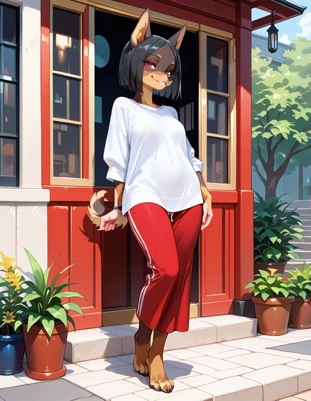 masterpiece, best quality, very aesthetic, absurdres,
outdoors,
full body, standing, posing, 
seductive smile, parted lips, long eyelashes, 
casual, 
<lora:Ophellia_v01_NAIXL:1>
0ph313ia,1girl,solo,furry,furry female,dog girl,black hair,short hair,straight hair,red eyes,snout,animal nose,body fur,dog tail,