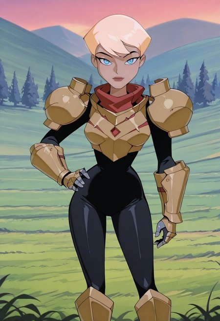 (((chelsea, 1girl, blue eyes, blonde hair, short hair))), (((half shot))), solo, standing, looking at viewer, hand on hip, green meadow, outdoors, (armarouge's armor, pauldrons, scarf, gauntlets, black bodysuit), looking at viewer