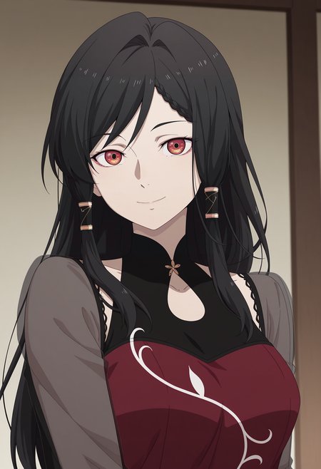1girl,solo,mm,mature female,black hair,long hair,bangs,red eyes,hair tubes,braid,anime coloring,
dress,see-through sleeves,looking at viewer, smile,upper body, 
,masterpiece,best quality,amazing quality,<lora:Aiyou_Xu-Aiyou_de_Mishi:0.8>