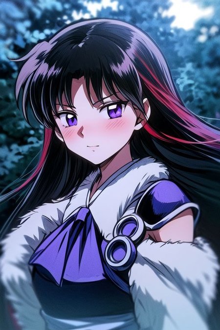 masterpiece,  best quality 1girl Setsun4 solo long hair,  (night time) forest background black hair very long hair purple eyes multicolored hair armor (fur trim) (medium body),<lora:EMS-179-EMS:0.800000>,<lora:EMS-293862-EMS:0.800000> bow, hair_bow, hair_tubes, red_bow, brown_hair, long_hair, bangs, ascot, frilled_bow, yellow_ascot, blush, smile, hair_between_eyes, athletic, armor, miko