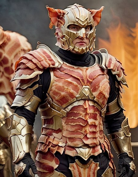 Food photography style bacon, 1boy, male focus, animal ears, breastplate, full armor, gauntlets, gloves, helmet, shoulder armor, strong, dramatic, background, beautiful, detailed, cinematic, progressive, thought, detail, crisp, sharp, extremely focused, intricate, elegant, highly decorated, epic composition, magical atmosphere, contemporary, spectacular, classic, best, awesome
 <lora:BaconXL-000009:1>, , <lora:FILM_PHOTOGRAPHY_STYLE:0.25> . Appetizing, professional, culinary, high-resolution, commercial, highly detailed
