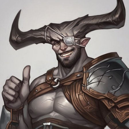 score_7_up, score_8_up, source_anime, 2d, cowboy shot, 
BREAK,
solo male, upper body, IronBull, horns, eyepatch, grey skin, facial hair, armor, (thumbs up), smile, simple background,