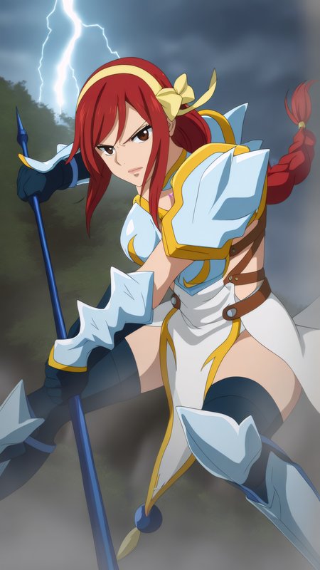 masterpiece, best quality, very aesthetic, absurdres, BREAK, 1girl, looking at viewer, cowboy shot, 
<lora:LightEmpress_Erza_Illu_Dwnsty:0.8>, erz_lightning, brown eyes, red hair, long hair, braided ponytail, hair bow, yellow hairband, hair ornament, hair ribbon, tattoo, armor, single braid, pauldrons, armored dress, black thighhighs, breastplate, gauntlets, armored boots, shoulder pads, shoulder spikes, 
large breasts, lips, holding polearm, fighting stance, serious, novel illustration, 
outdoors, blue sky, nature, forest, landscape, lightning, cloudy sky, dark theme, storm, wind, rain,