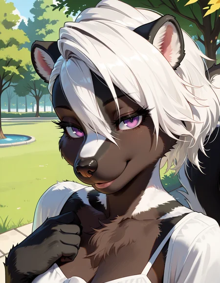 masterpiece, best quality, very aesthetic, absurdres,
outdoors, casual, 
upper body,  body, posing, 
seductive smile, parted lips, long eyelashes,
 <lora:Vanessa_v01_NAIXL:1>,
V4n3554,1girl,solo,furry,furry female,skunk girl,animal ears,short hair,white hair,hair between eyes,purple eyes,snout,animal nose,body fur,two-tone fur,black fur,white fur,