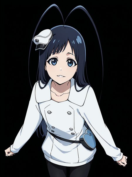score_9, score_8_up, score_7_up,  
1boy, androgynous, giselle gewelle, blue eyes, black hair, long hair, antenna hair,
standing, solo, black background, smile, parted lips, looking at viewer,
mini hat,
military uniform, white dress, long sleeves, collarbone, short dress, double breasted, waist bag, black leggings,

