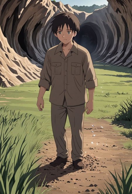 high resolution, solo, best quality, 1Boy, Takaki Toono, Brownish Hair, Brown Eyes, cave, bunker, field Ration, bonfire, OverallDetail