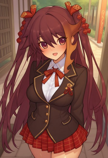 ((safe)), 1girl,  (yukimura_muramasa, two side up,  white shirt, blazer, plaid skirt, red skirt, pleated skirt),  blush, smile, open mouth, outdoors, shiny skin, best quality, amazing quality, very aesthetic, absurdres,  <lora:yukimura_muramasa_ill:1>
