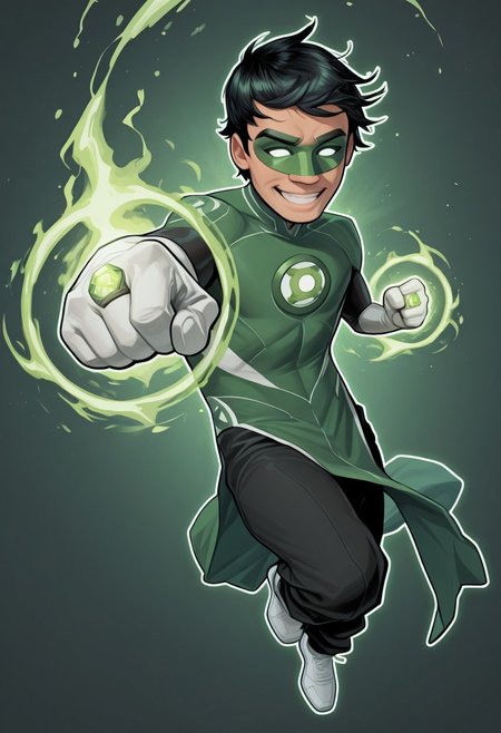 masterpiece, absurdres, high quality, perfect anatomy, 1boy, solo, cute boy, male focus, TaiPham, Black Hair, Green Lantern Ring, Green Lantern Costume, Green and Black Bodysuit, Green Domino Mask, White Eyes, White Gloves, Pelvic Curtain, Black Pants, White Shoes, Glowing Green Outline, Green Energy Aura, floating, levitating, big smile, cinematic, intricately detailed illustration, depth of field, masterpiece, best quality, amazing quality, very aesthetic, absurdres, newest, very awa,  shadow, dynamic angle, casual cosplay, dynamic pose, simple background, green theme, Arwe, Dynamism, Foreshortening