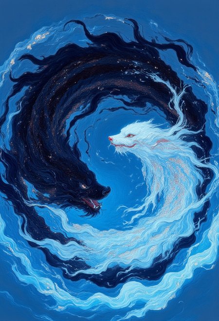 A black and white water eels, swimming in a circle , forming a ying yang sign in water, water ripples, a illustration that depicts the meaning of ying yoang through the nature of eel clours, swimming in blue glowing water