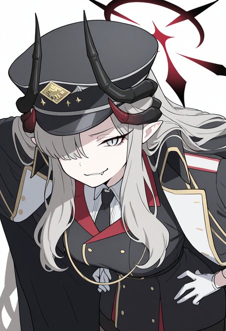 masterpiece, best quality, 1girl, solo, eyelashes, (beautiful eyes),     zzMakoto, horns, long hair, grey hair, demon horns, black horns, halo, multiple horns, pointy ears, grey eyes,    black coat, black headwear, black necktie, coat on shoulders, collared shirt, long sleeves, military uniform, white gloves, white shirt, black jacket,  leaning forward, smug, close up, portrait, fang,   <lora:HanumaMakotoBlueArchive_IXL_v1:1.0>,