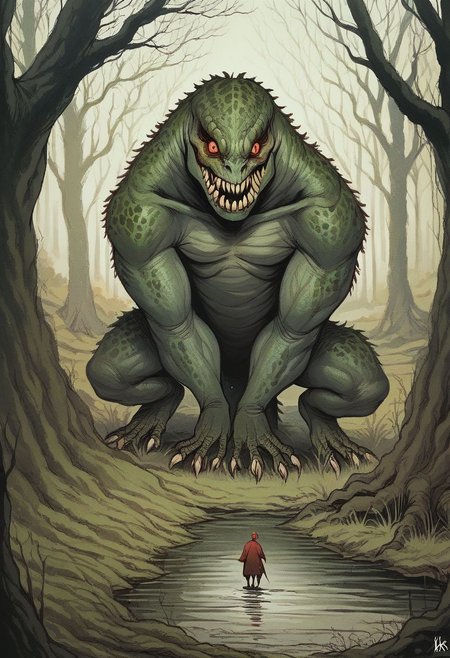 Score_9,score_8_up, score_7_up, source_cartoon, 
in the style of Beatrix Potter, 
giant black monster lizard in the swamp, red sinister eyes, 
hidden behind dead trees, 
creepy moon