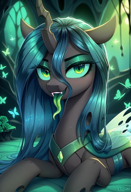 masterpiece, score_9, score_8_up, score_7_up, score_6_up, (best quality:1.1), ultra-detailed, high resolution, (solo), (1WOMAN), (ALICORN PONY), (GODDESS CHRYSALIS) ((long cerulean hair:1.2)), (highly detailed pony face:1.4), (beautiful detailed green shiny slitted eyes), (long luscious eyelashes:1.4), (detailed hair:1.5), (shiny black fur:1.5), (shiny skin:1.5), (seductive smile:1.5), (green royal regalia with holes:1.5), ((highly detailed green hive background:1.5)), (green changeling hive background:1.5) ((green butterflies all around her:1.5)), (green roses all around her:1.5), (dynamic pose:1.4), (green long tongue:1.6), (tongue out:1.5), (green blush:1.5), (laying down in green bed:1.5), high quality, sharp, the quality of ai art is frightening, highly detailed, Highly Visible, sharp focus, high detail, detailed background,