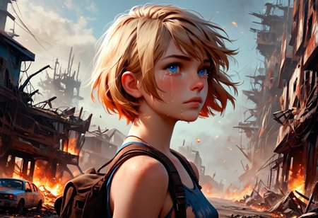 1girl, Masterpiece, 4k, ultra high detail, score_9, score_8_up, score_8, 18yo, petite, medium breast, short blonde hair, fcNeg, stunning blue eyes, freckles, white skin, small nose, innocent beauty, slim face,  skinny petite body, 
Torn sport clothes
Fear in her eyes, crying, 
Sideview,  Apocalyptic scene, burning skyscraper, burning city, derstroyed cars, a huge asteroid swarm in the sky, 
Many asteroids in the sky, 
End of the World, 
negative_hand, NightScapes,