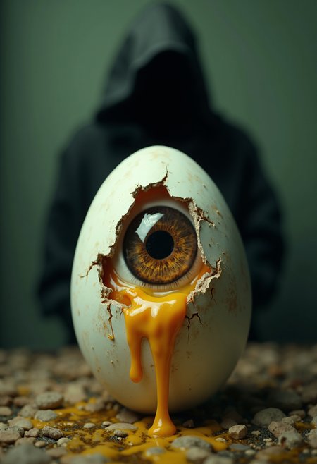 horror-themed image depicts a surreal and unsettling scene of an eye emerging from a cracked eggshell, with a hooded figure standing behind it. The eye is positioned centrally in the frame, surrounded by a white eggshell that has been broken open to reveal its contents. The iris is a deep brown color, while the pupil appears black. A yellowish-orange liquid drips from the bottom of the eye, creating a sense of unease and discomfort.
The hooded figure stands behind the eye, partially obscured by shadows. Its face is not visible, adding to the mystery and tension of the scene. The background is a muted green color, which contrasts with the bright yellowish-orange liquid dripping from the eye. The overall atmosphere of the image is one of unease and discomfort, as if something is about to break free or emerge from the eggshell.
The composition of the image is simple yet effective, with the eye and hooded figure taking center stage. The use of shadows and lighting creates a sense of depth and dimensionality, drawing the viewer's attention to the central figures. The color palette is muted, with the exception of the bright yellowish-orange liquid, which adds a pop of color and creates visual interest.
The mood of the image is one of unease and discomfort, as if something is about to break free or emerge from the eggshell. The use of shadows and lighting creates a sense of tension and anticipation, making the viewer feel like they are witnessing something momentous. The overall effect is one of surrealism and unease, leaving the viewer with a lasting impression.
In terms of artistic style, the image appears to be a digital artwork, possibly created using a software such as Adobe Photoshop or Illustrator. The use of bold lines and bright colors creates a sense of drama and tension, while the muted background helps to focus attention on the central figures. The overall effect is one of high-contrast, graphic art that is both striking and unsettling.
. eerie, unsettling, dark, spooky, suspenseful, grim, highly detailed