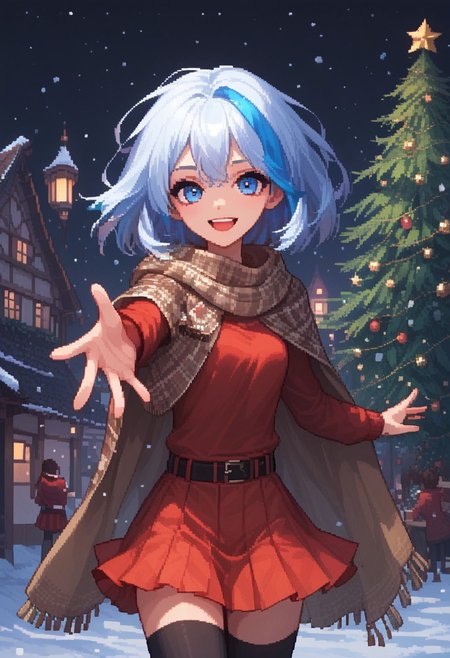 score_9_up, score_8_up, score_7_up, score_6_up, Pixel_Art, 1girl, solo, 25 years old, perfect face, cute, petite, 
dark eyes, 
bob cut, streaked hair, white hair, icy blue hair, floating hair, 
plaid clothes, brown fur-trimmed cape, brown scarf, 
red sweater,  
pleated skirt, red skirt, 
belt, fur-trimmed cape, 
black thighhighs, smile, happy, reaching towards viewer,  detailed hand, 
snowing, winter, village, snowflakes, Christmas tree, 
DreamArt,
