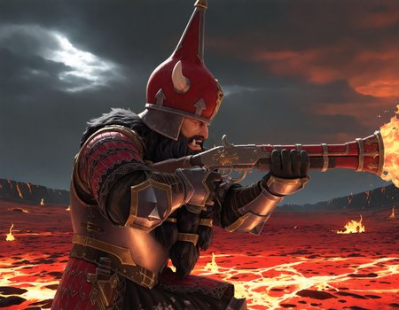 masterpiece, good quality, best quality, solo, 2d, anime, fire, lava, dark clouds, from side,
chorfwarrior, armor, 1boy, solo, beard, helmet, holding gun, aiming, red eyes, tusks,
 <lora:ChaosDwarfWarrior_Vpred:0.6>