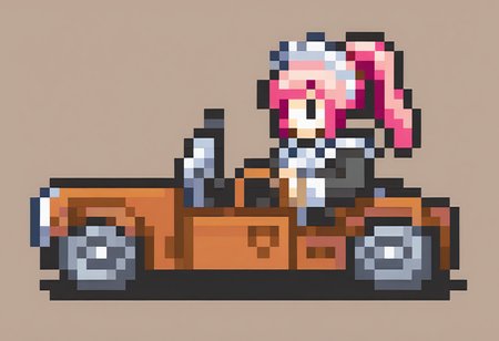 masterpiece, best quality, solo, 1girl, <lora:FEGBA-Sprites-illus_Fp:1>, simple background, pixel art, car,  felicia \(fire emblem\), pink hair, driving, maid, steering wheel,  ponytail,