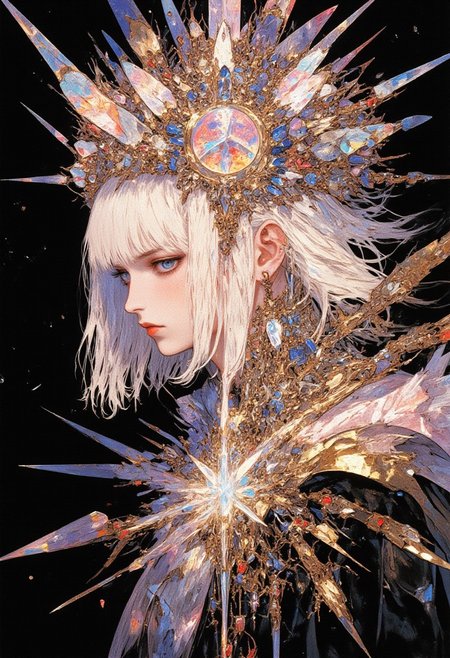 A DB4RZ artwork illustration of Amano, known as Aman0Ayam1, set against a stark black background, focusing on her face and shoulders with stunning detail. Her pale, translucent skin radiates an ethereal glow, contrasting with her bold makeup: heavily lined eyes accentuated with dark eyeliner and voluminous mascara, and lips painted in a rich, velvety red. Her sleek, straight bob haircut frames her striking, otherworldly features with sharp, geometric precision. An elaborate headdress, resembling a fantastical crown or helmet, adorns her head, encrusted with glittering crystals and shimmering gemstones. The radiant embellishments cascade onto her shoulders, forming a delicate, feather-like texture that enhances her celestial presence. The black background emphasizes the brilliance of the crystalline details, while soft, diffused lighting creates a luminous interplay of light and shadow. This DB4RZ artwork captures a blend of elegance, mystery, and fantasy, embodying Amano's magical and sophisticated aura, with every element contributing to her iconic, otherworldly aesthetic.