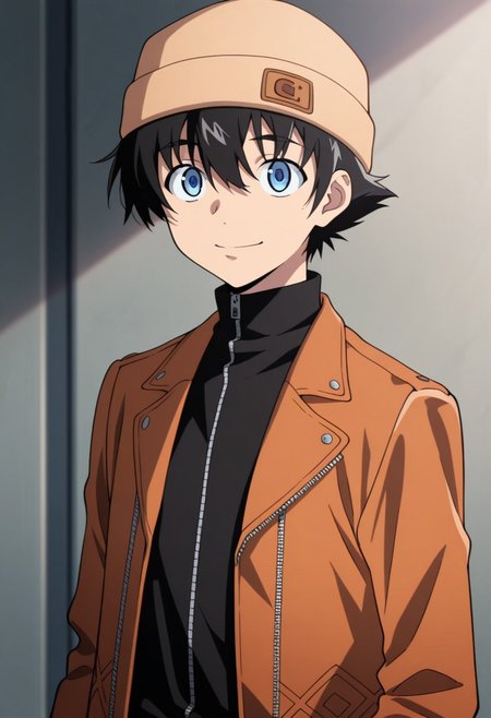 masterpiece,best quality,amazing quality, source_anime, 
YukiteruAmano, 1boy, male focus, solo, blue eyes, black hair, beanie, brown headwear, black shirt, turtleneck, zipper, jacket, brown jacket, open jacket, smile,
