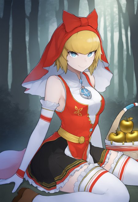 masterpiece, best quality, solo, 1girl, smile, looking at viewer,  <lora:Yasuda-Suzuhito-illus_Fp:1>, forest, <lora:Idun-illus_Fp:1>, s5un, blonde hair, blue eyes, short hair, veil, bow, red dress, collared dress, bare shoulders, black skirt, elbow gloves, brooch, white thighhighs, white gloves, frills, basket, golden apple, wariza, from above, brown footwear,
