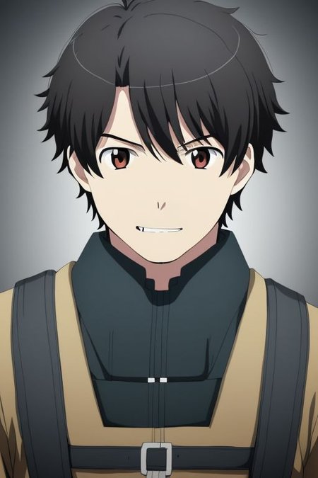 high resolution, solo, best quality, 1Boy, Portrait, Inaho Kaizuka, Black Hair, portrait, looking at viewer, focused gaze forward, upper body, head upright, angry, smile,