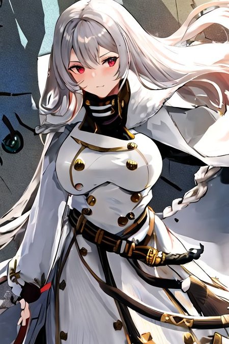 solo_focus, 1girl, (((masterpiece))), ((best quality)), ((ultra-detailed)), high resolution, absurdres, highres, ultra-detailed 8k unity wallpaper, 
sovetskaya_rossiya_azurlane, long_hair, hair_between_eyes, red_eyes, breasts, large_breasts, mole, white_hair, mole_under_eye, bangs, blush, grey_hair, very_long_hair